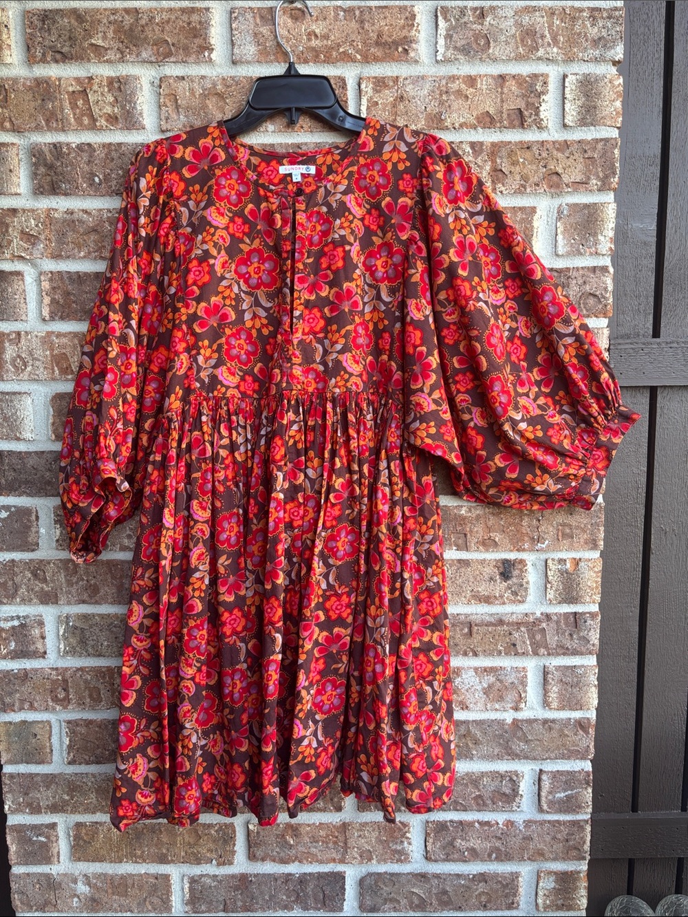 Sundry boho Floral Red/ orange & Brown Puff-Sleeve Dress